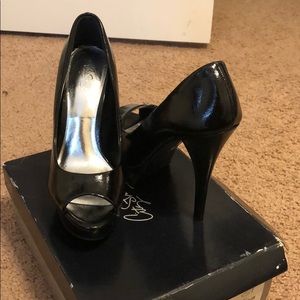 Coco Black Patent Leather Open Toe Heel